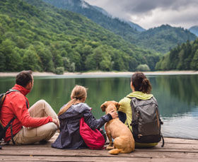 Family with a small dog resting on a pier and looking at the lake and mountains.